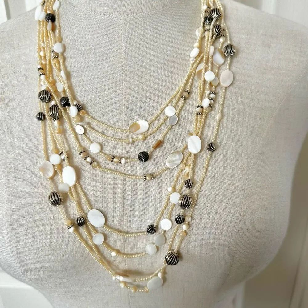 Abalone silver tone multi strand long necklace